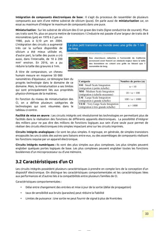 Intégration de composants électroniques de base : Il s’agit du processus de rassembler de plusieurs
composants aux sein d’une même substrat de silicium (puce). On parle aussi de miniaturisation car, on
essai au maximum d’intégrer le maximum de composants dans une puce.
Miniaturisation : Sur les substrat de silicium des CI on grave des traits (ligne conductrice de courant). Plus
ces traits sont fin, plus on pourra mettre de transistors ! L'industrie est passée d'une largeur de traits de 8
micromètres (μm) en 1970 à 2 μm enm) en 1970 à 2 μm) en 1970 à 2 μm enm en
1980, puis à 0,10 μm) en 1970 à 2 μm enm en 2004.
L'intégration des circuits a augmenté
très car la surface disponible de
silicium a été mieux utilisée et,
d'autre part, la taille des puces a crû
aussi, dans l'intervalle, de 10 à 200
mm2
environ. En 2016, on a pu
réduire la taille des gravures à 1nm.
À titre de comparaison, un cheveu
humain mesure en moyenne 50 000
nanomètres d'épaisseur, ce témoigne bien du
progrès technologie dans le domaine de ce
domaine. Mais, la miniaturisation a ses limites
qui sont principalement liés aux propriétés
physico-chimiques de la matières.
En fonction du niveau de miniaturisation des
CI, on a définie plusieurs catégories de
technologies qui sont résumées dans le
tableau ci-contre.
Facilité de mise en œuvre : Les circuits intégrés ont révolutionné les technologies en permettant plus de
facilités dans la réalisation des fonctions de différents appareils électroniques. La possibilité d’intégrer
des milliers pour ne pas dire des millions de fonctions logiques aux sein d’une seule puce permet de
réaliser des circuits électroniques très simples impactant ainsi sur les circuits imprimés.
Circuits intégrés analogiques : Ce sont les plus simples. Il regroupe, en générale, de simples transistors
encapsulés les uns à cotés des autres sans liaisons entre eux, ou des assemblages de composants réalisant
les fonctions requise par un appareil électronique.
Circuits intégrés numériques : Ils vont des plus simples aux plus complexes. Les plus simples peuvent
englober quelques portes logiques de base. Les plus complexes peuvent englober toutes les fonctions
booléennes d’un microprocesseur ou d’une mémoire.
3.2 Caractéristiques d’un CI
Les circuits intégrés possèdent plusieurs caractéristiques à prendre en compte lors de la conception d’un
dispositif électronique. On distingue les caractéristiques comportementales et les caractéristiques liées
aux performances et d’autres liés à la compatibilités entre plusieurs familles de CI.
Caractéristiques comportementales :
• Délai entre changement des entrées et mise à jour de la sortie (délai de propagation)
• taux de sensibilité aux bruits (parasites) peut réduire la fiabilité
• Limites de puissance : Une sortie ne peut fournir de signal à plus de N entrées
33
 