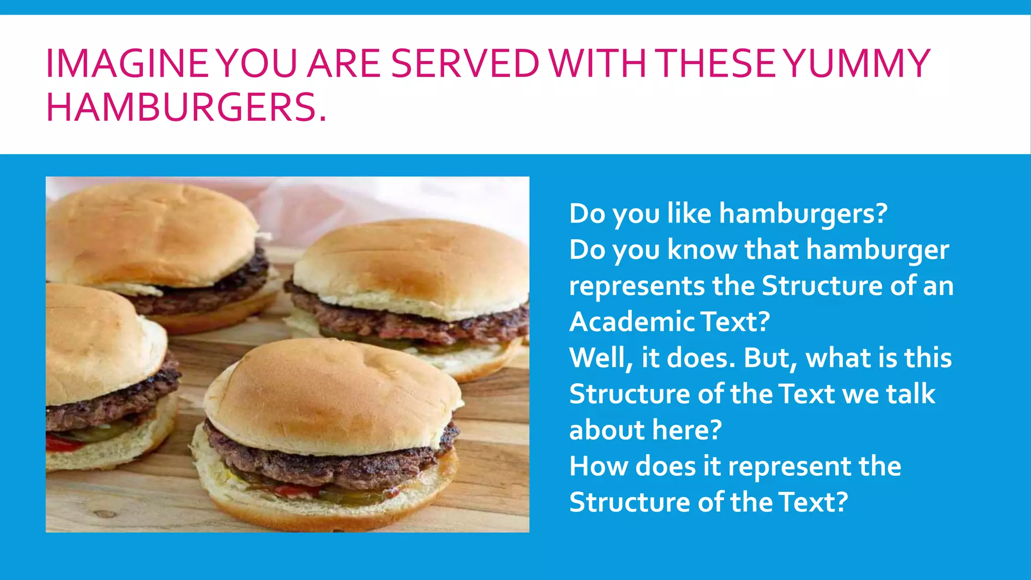 IMAGINEYOU ARE SERVEDWITHTHESEYUMMY
HAMBURGERS.
Do you like hamburgers?
Do you know that hamburger
represents the Structure of an
AcademicText?
Well, it does. But, what is this
Structure of theText we talk
about here?
How does it represent the
Structure of theText?
 