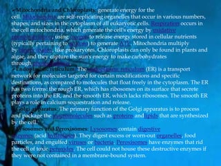 Mitochondria and Chloroplasts: generate energy for the
cell. Mitochondria are self-replicating organelles that occur in various numbers,
shapes, and sizes in the cytoplasm of all eukaryotic cells. Respiration occurs in
the cell mitochondria, which generate the cell's energy by oxidative
phosphorylation, using oxygen to release energy stored in cellular nutrients
(typically pertaining to glucose) to generate ATP. Mitochondria multiply
by binary fission, like prokaryotes. Chloroplasts can only be found in plants and
algae, and they capture the sun's energy to make carbohydrates
through photosynthesis.
Endoplasmic reticulum: The endoplasmic reticulum (ER) is a transport
network for molecules targeted for certain modifications and specific
destinations, as compared to molecules that float freely in the cytoplasm. The ER
has two forms: the rough ER, which has ribosomes on its surface that secrete
proteins into the ER, and the smooth ER, which lacks ribosomes. The smooth ER
plays a role in calcium sequestration and release.
Golgi apparatus: The primary function of the Golgi apparatus is to process
and package the macromolecules such as proteins andlipids that are synthesized
by the cell.
Lysosomes and Peroxisomes: Lysosomes contain digestive
enzymes (acid hydrolases). They digest excess or worn-out organelles, food
particles, and engulfed viruses or bacteria. Peroxisomes have enzymes that rid
the cell of toxic peroxides. The cell could not house these destructive enzymes if
they were not contained in a membrane-bound system.
 