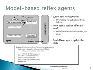 Artificial Intelligence a modern
approach 5
 Know how world evolves
 Overtaking car gets closer from
behind
 How agents actions affect the
world
 Wheel turned clockwise takes you
right
 Model base agents update their
state
 