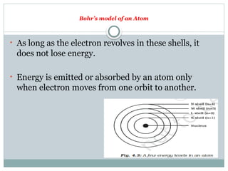 • As long as the electron revolves in these shells, it
does not lose energy.
• Energy is emitted or absorbed by an atom only
when electron moves from one orbit to another.
Bohr’s model of an Atom
 