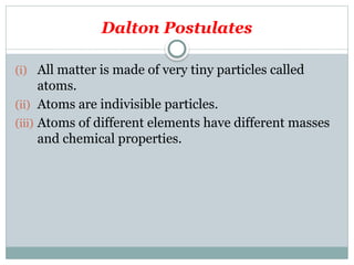 Dalton Postulates
(i) All matter is made of very tiny particles called
atoms.
(ii) Atoms are indivisible particles.
(iii) Atoms of different elements have different masses
and chemical properties.
 