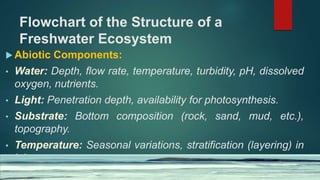 Flowchart of the Structure of a
Freshwater Ecosystem
 Abiotic Components:
• Water: Depth, flow rate, temperature, turbidity, pH, dissolved
oxygen, nutrients.
• Light: Penetration depth, availability for photosynthesis.
• Substrate: Bottom composition (rock, sand, mud, etc.),
topography.
• Temperature: Seasonal variations, stratification (layering) in
lakes.
 
