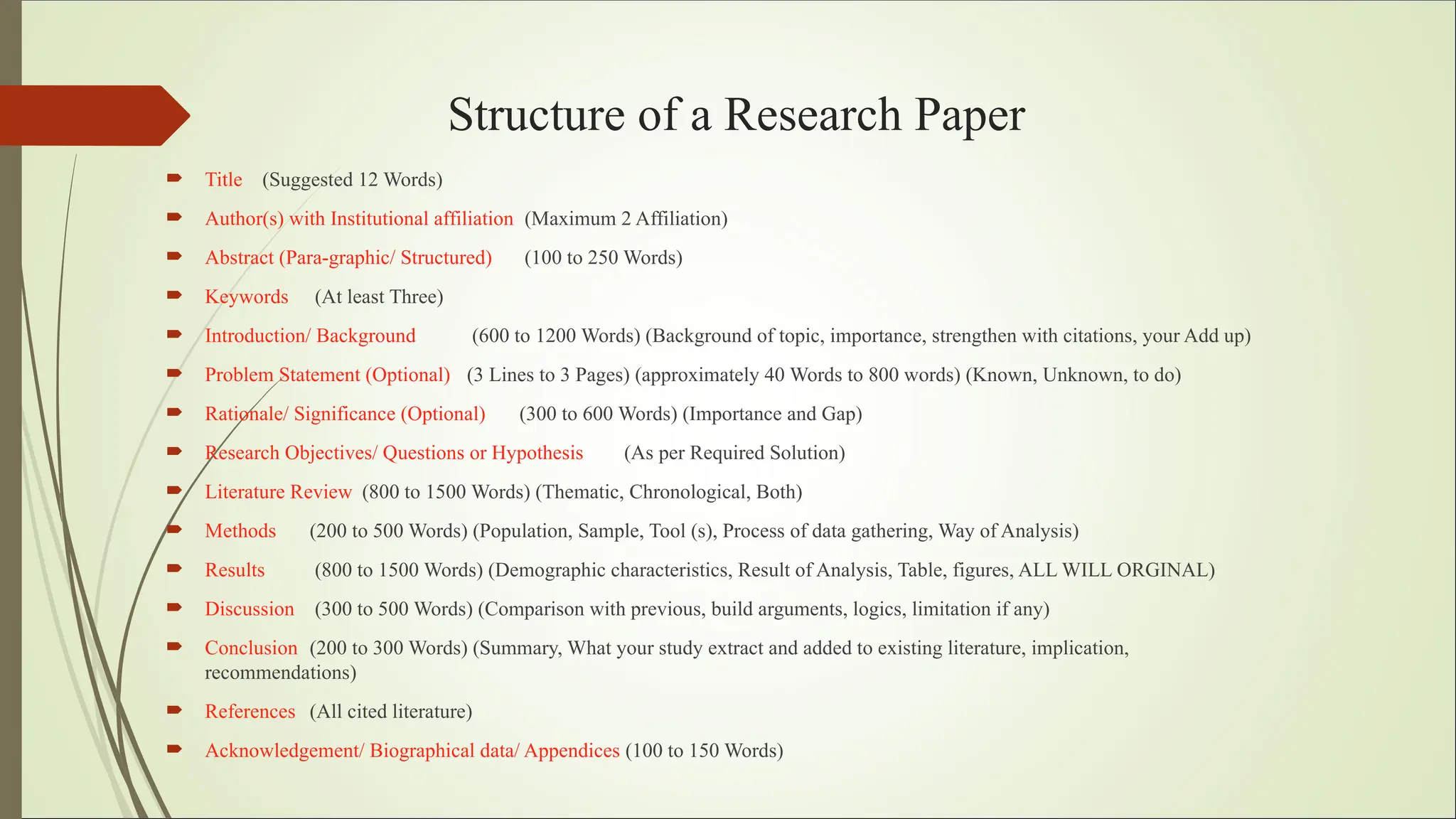 Structure of a Research Article or a research paper with word count | PPT