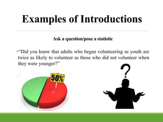 Ask a question/pose a statistic
“Did you know that adults who began volunteering as youth are
twice as likely to volunteer as those who did not volunteer when
they were younger?”
Examples of Introductions
 