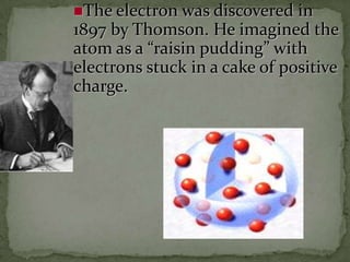 The electron was discovered   in
1897 by Thomson. He imagined the
atom as a “raisin pudding” with
electrons stuck in a cake of positive
charge.
 