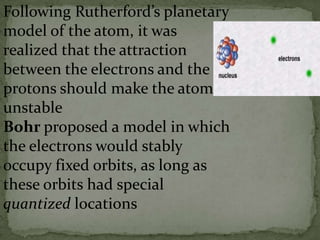 Following Rutherford’s planetary
model of the atom, it was
realized that the attraction
between the electrons and the
protons should make the atom
unstable
Bohr proposed a model in which
the electrons would stably
occupy fixed orbits, as long as
these orbits had special
quantized locations
 