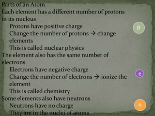 Parts of an Atom
Each element has a different number of protons
in its nucleus
    Protons have positive charge                  p
    Change the number of protons  change
    elements
    This is called nuclear physics
The element also has the same number of
electrons
    Electrons have negative charge
                                                  e
    Change the number of electrons  ionize the
    element
    This is called chemistry
Some elements also have neutrons
    Neutrons have no charge                       n
    They are in the nuclei of atoms
 