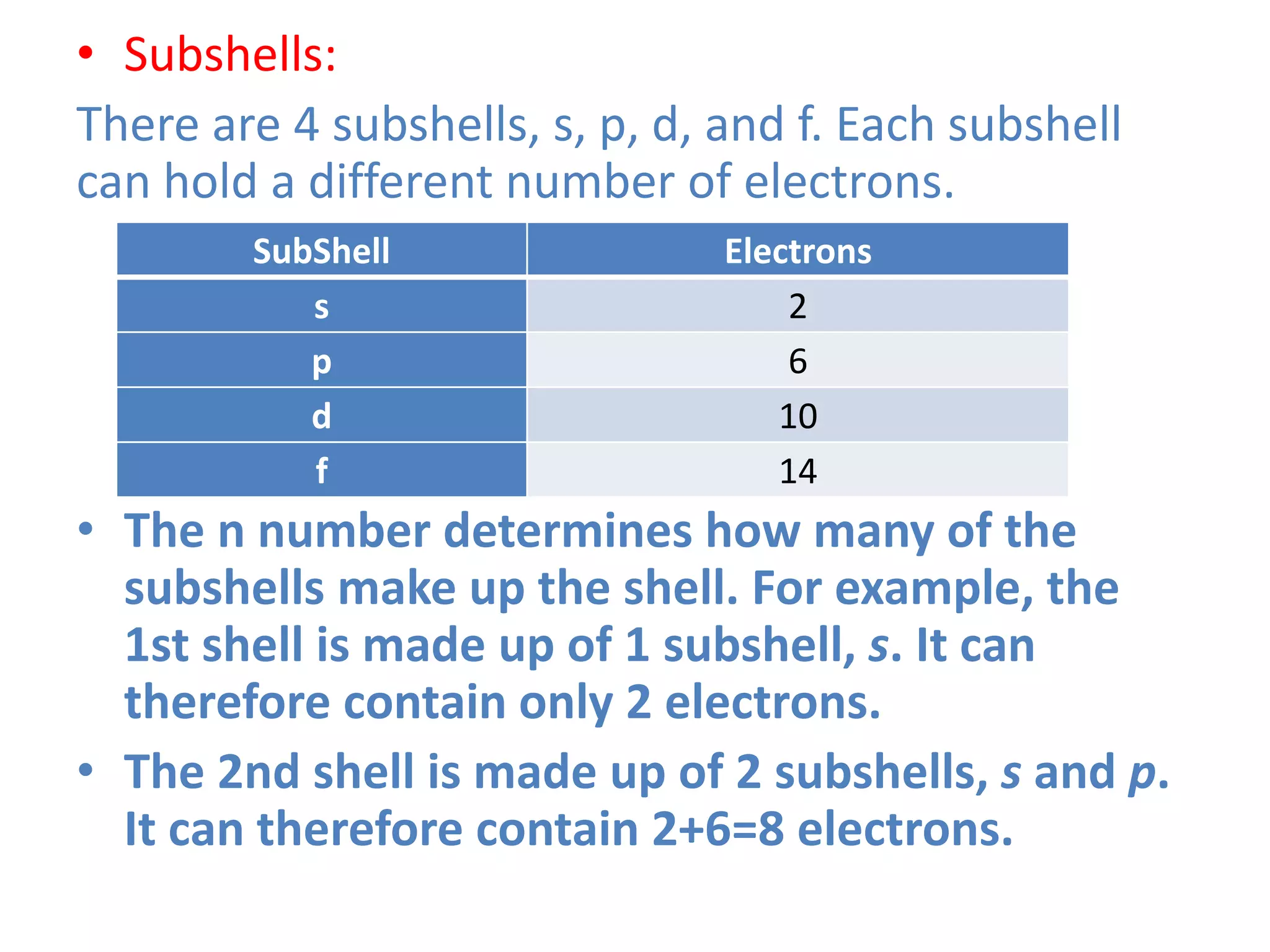 • Subshells:
There are 4 subshells, s, p, d, and f. Each subshell
can hold a different number of electrons.
• The n number determines how many of the
subshells make up the shell. For example, the
1st shell is made up of 1 subshell, s. It can
therefore contain only 2 electrons.
• The 2nd shell is made up of 2 subshells, s and p.
It can therefore contain 2+6=8 electrons.
SubShell Electrons
s 2
p 6
d 10
f 14
 