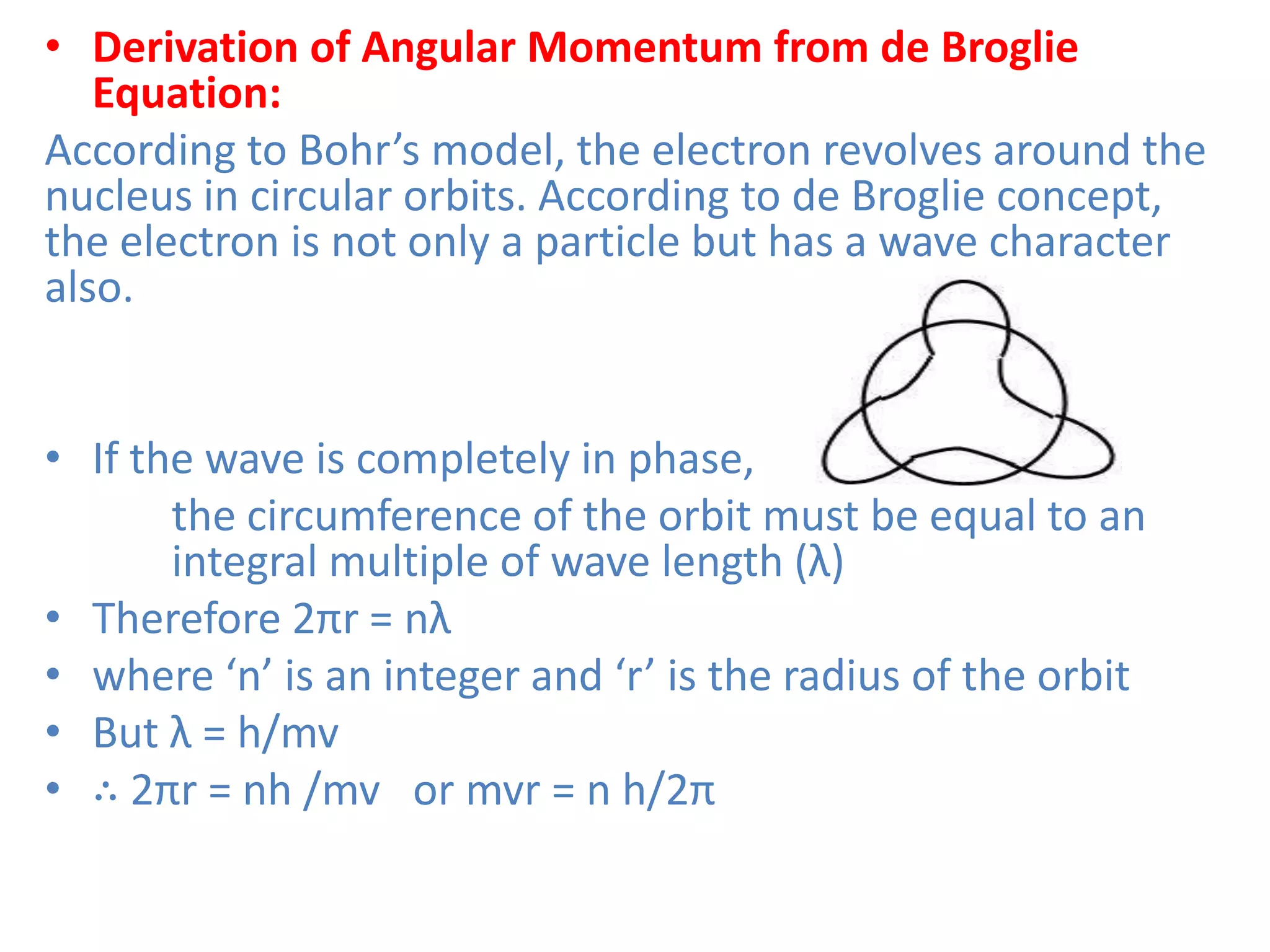 • Derivation of Angular Momentum from de Broglie
Equation:
According to Bohr’s model, the electron revolves around the
nucleus in circular orbits. According to de Broglie concept,
the electron is not only a particle but has a wave character
also.
• If the wave is completely in phase,
the circumference of the orbit must be equal to an
integral multiple of wave length (λ)
• Therefore 2πr = nλ
• where ‘n’ is an integer and ‘r’ is the radius of the orbit
• But λ = h/mv
• ∴ 2πr = nh /mv or mvr = n h/2π
 