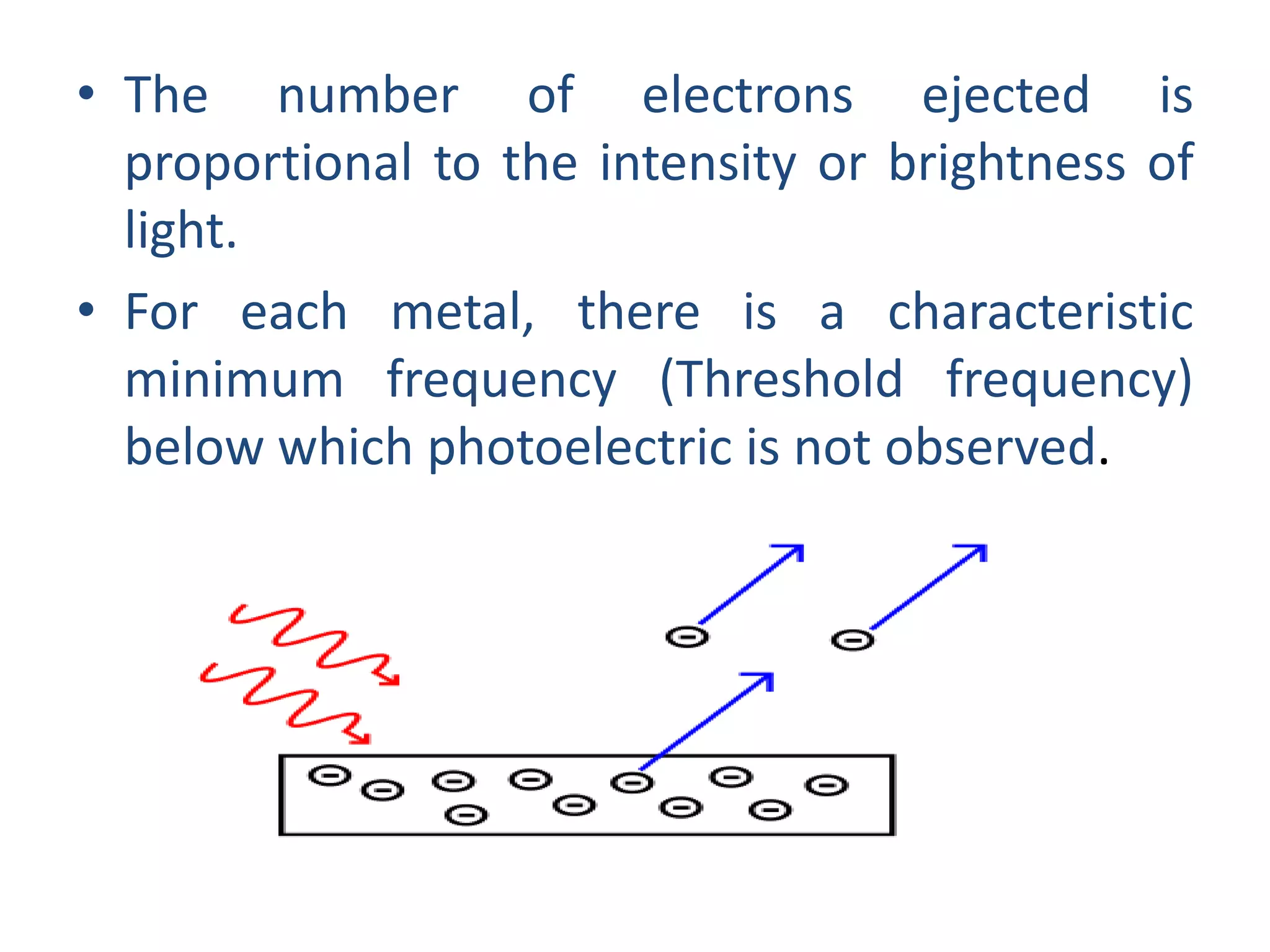 • The number of electrons ejected is
proportional to the intensity or brightness of
light.
• For each metal, there is a characteristic
minimum frequency (Threshold frequency)
below which photoelectric is not observed.
 