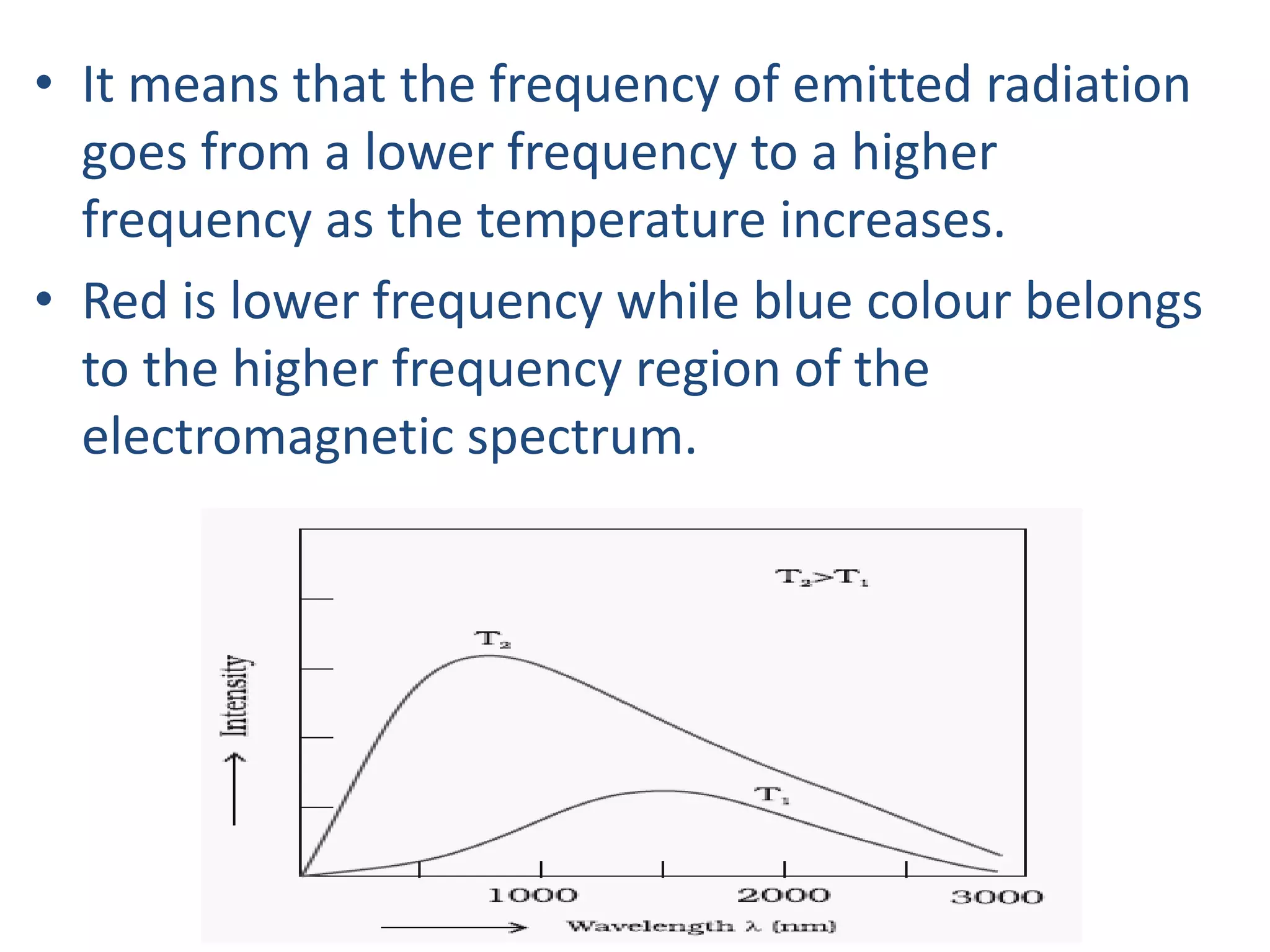• It means that the frequency of emitted radiation
goes from a lower frequency to a higher
frequency as the temperature increases.
• Red is lower frequency while blue colour belongs
to the higher frequency region of the
electromagnetic spectrum.
 