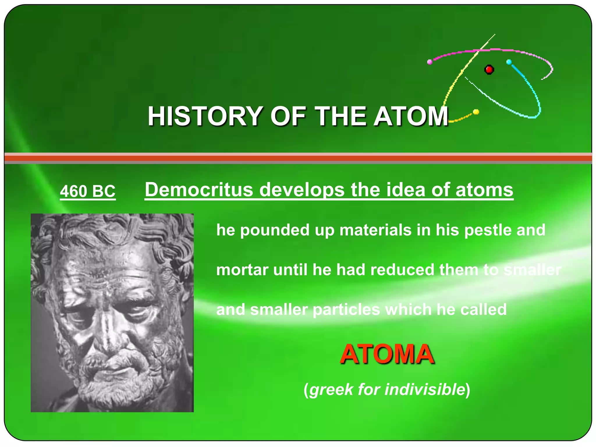 HISTORY OF THE ATOM

460 BC   Democritus develops the idea of atoms
                he pounded up materials in his pestle and

                mortar until he had reduced them to smaller

                and smaller particles which he called

                               ATOMA
                           (greek for indivisible)
 