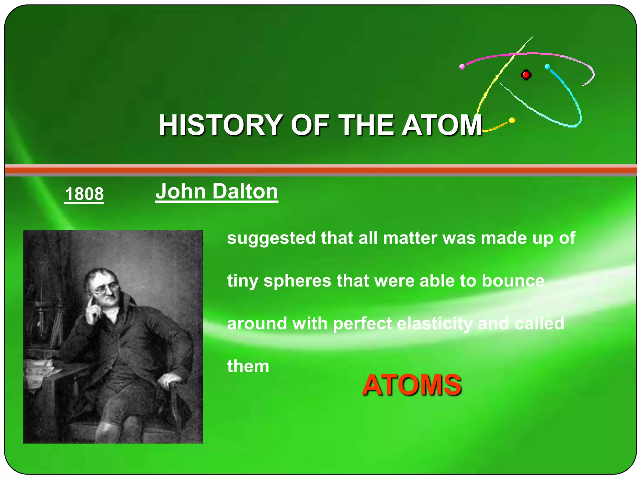 HISTORY OF THE ATOM

1808   John Dalton

             suggested that all matter was made up of

             tiny spheres that were able to bounce

             around with perfect elasticity and called

             them
                             ATOMS
 