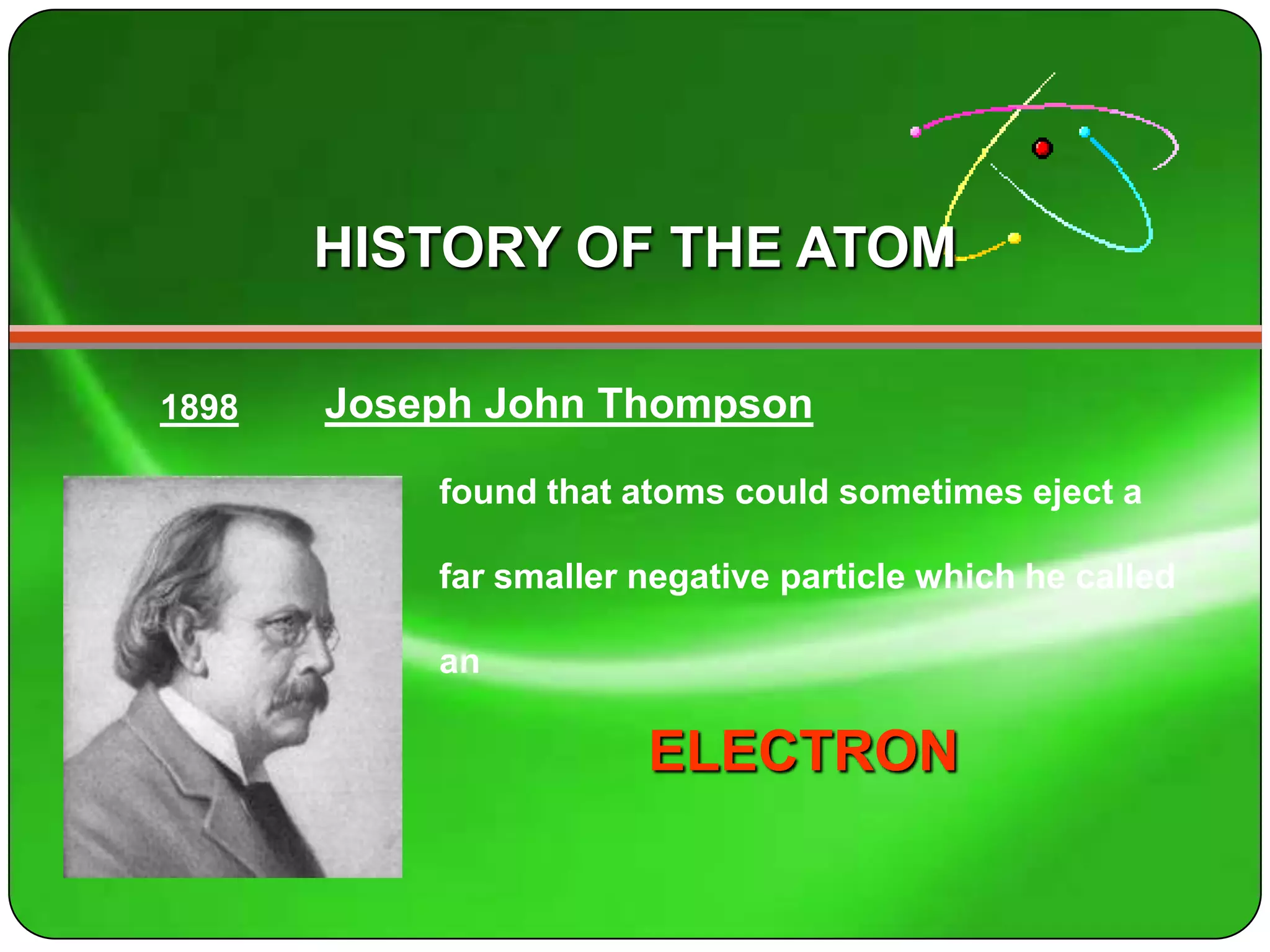 HISTORY OF THE ATOM

1898   Joseph John Thompson

           found that atoms could sometimes eject a

           far smaller negative particle which he called

           an

                       ELECTRON
 