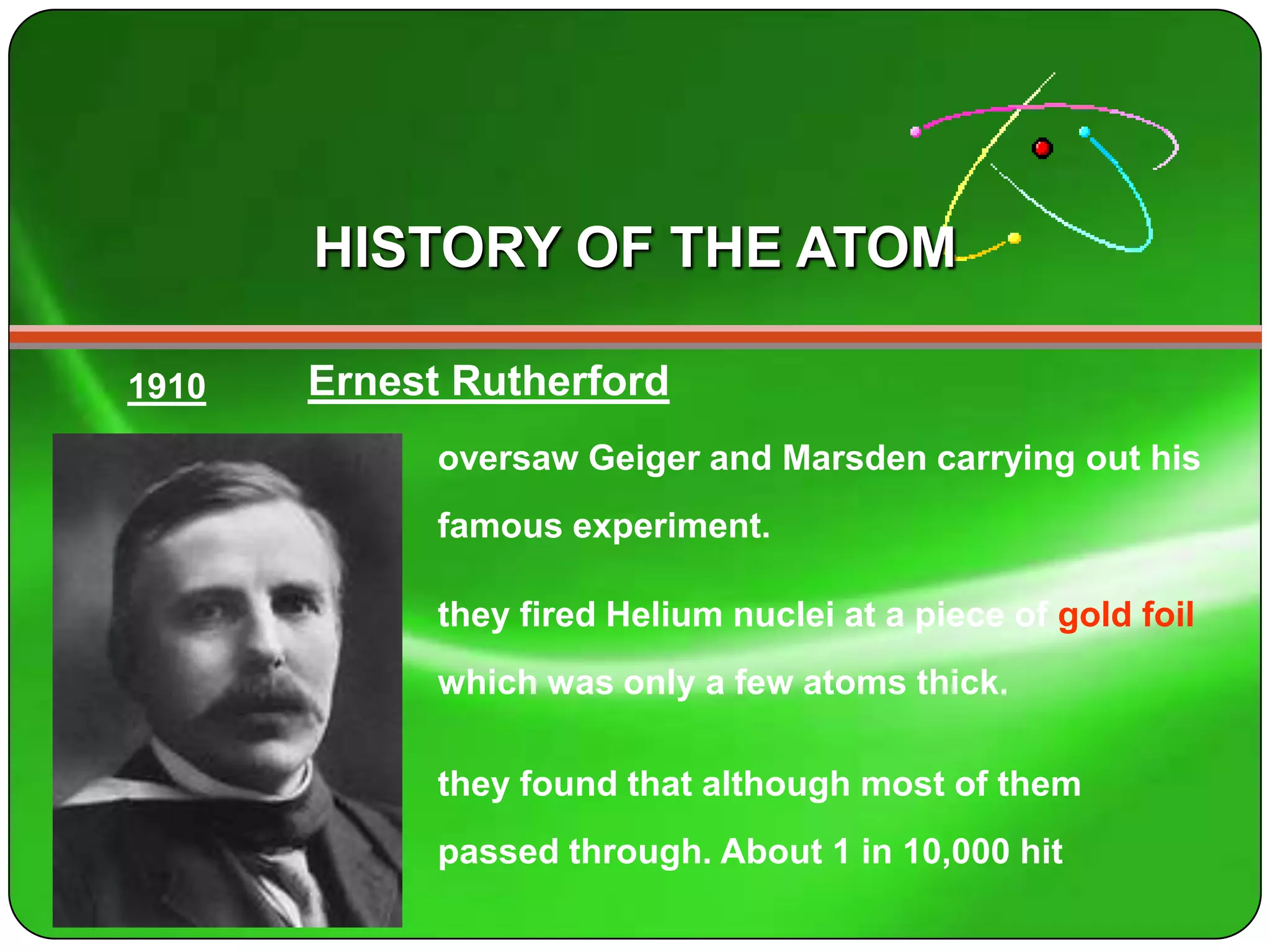 HISTORY OF THE ATOM

1910   Ernest Rutherford
             oversaw Geiger and Marsden carrying out his
             famous experiment.

             they fired Helium nuclei at a piece of gold foil
             which was only a few atoms thick.

             they found that although most of them
             passed through. About 1 in 10,000 hit
 