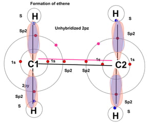 C1
Formation of ethene
2py
1s1s
Sp2
Sp2
Sp2
Unhybridized 2pz
1s1s
Sp2
Sp2
Sp2
C2
H H
H
H
S
S
S
S
 