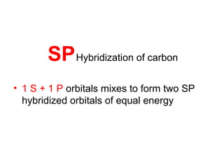 SPHybridization of carbon
• 1 S + 1 P orbitals mixes to form two SP
hybridized orbitals of equal energy
 