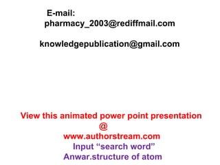 E-mail:
pharmacy_2003@rediffmail.com
knowledgepublication@gmail.com
View this animated power point presentation
@
www.authorstream.com
Input “search word”
Anwar.structure of atom
 