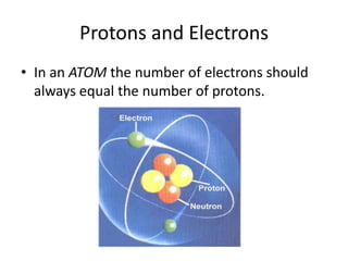 Protons and ElectronsIn an ATOM the number of electrons should always equal the number of protons.