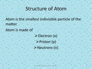 Structure of Atom
Atom is the smallest indivisible particle of the
matter.
Atom is made of
Electron (e)
Proton (p)
Neutrons (n)
SHARDA PUBLIC SCHOOL, ALMORA 2
 