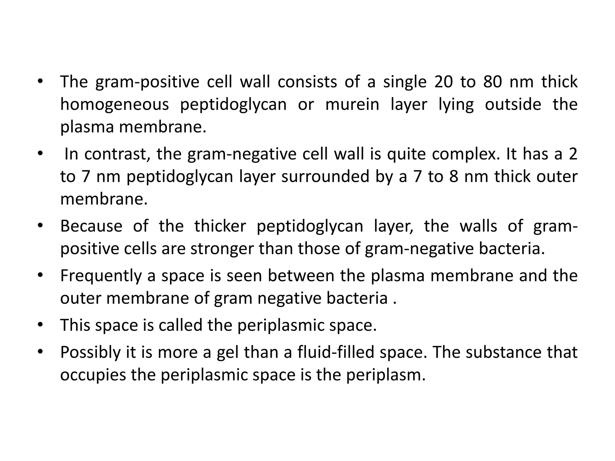 • The gram-positive cell wall consists of a single 20 to 80 nm thick
homogeneous peptidoglycan or murein layer lying outside the
plasma membrane.
• In contrast, the gram-negative cell wall is quite complex. It has a 2
to 7 nm peptidoglycan layer surrounded by a 7 to 8 nm thick outer
membrane.
• Because of the thicker peptidoglycan layer, the walls of gram-
positive cells are stronger than those of gram-negative bacteria.
• Frequently a space is seen between the plasma membrane and the
outer membrane of gram negative bacteria .
• This space is called the periplasmic space.
• Possibly it is more a gel than a fluid-filled space. The substance that
occupies the periplasmic space is the periplasm.
 