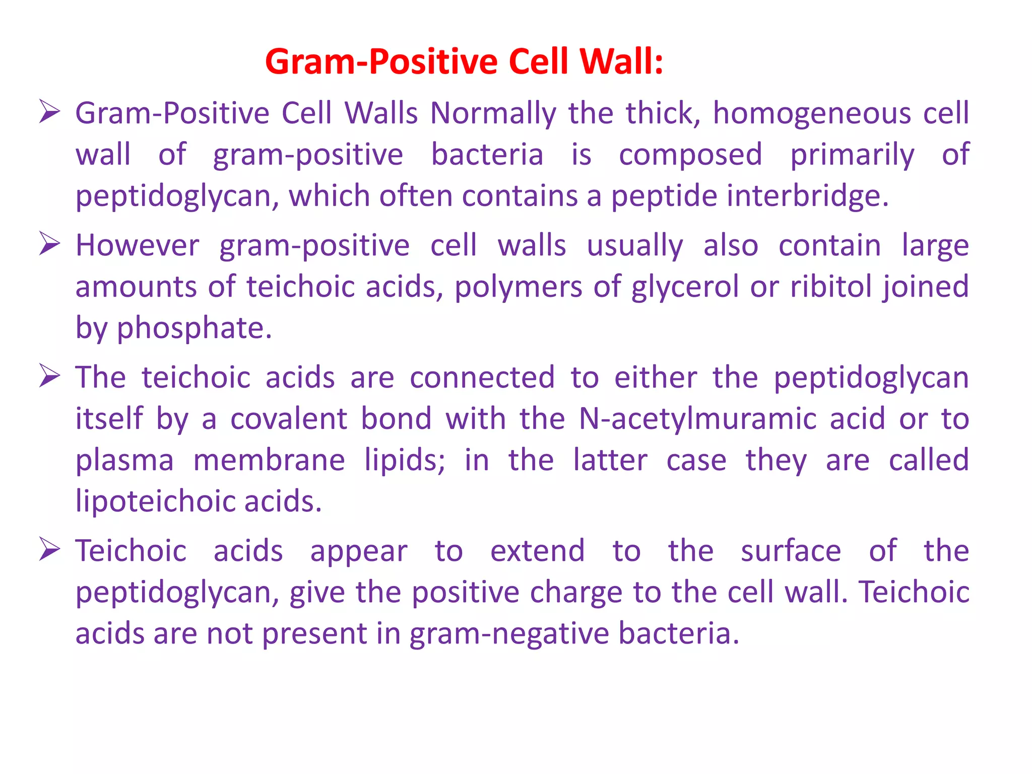 Gram-Positive Cell Wall:
 Gram-Positive Cell Walls Normally the thick, homogeneous cell
wall of gram-positive bacteria is composed primarily of
peptidoglycan, which often contains a peptide interbridge.
 However gram-positive cell walls usually also contain large
amounts of teichoic acids, polymers of glycerol or ribitol joined
by phosphate.
 The teichoic acids are connected to either the peptidoglycan
itself by a covalent bond with the N-acetylmuramic acid or to
plasma membrane lipids; in the latter case they are called
lipoteichoic acids.
 Teichoic acids appear to extend to the surface of the
peptidoglycan, give the positive charge to the cell wall. Teichoic
acids are not present in gram-negative bacteria.
 