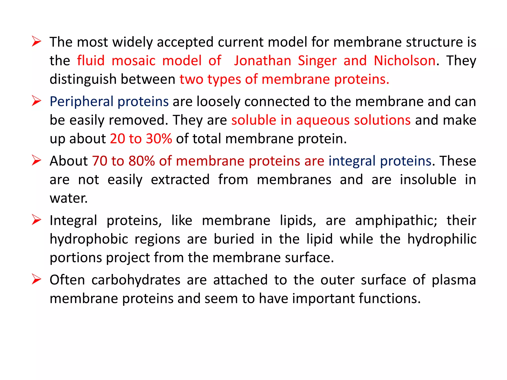  The most widely accepted current model for membrane structure is
the fluid mosaic model of Jonathan Singer and Nicholson. They
distinguish between two types of membrane proteins.
 Peripheral proteins are loosely connected to the membrane and can
be easily removed. They are soluble in aqueous solutions and make
up about 20 to 30% of total membrane protein.
 About 70 to 80% of membrane proteins are integral proteins. These
are not easily extracted from membranes and are insoluble in
water.
 Integral proteins, like membrane lipids, are amphipathic; their
hydrophobic regions are buried in the lipid while the hydrophilic
portions project from the membrane surface.
 Often carbohydrates are attached to the outer surface of plasma
membrane proteins and seem to have important functions.
 
