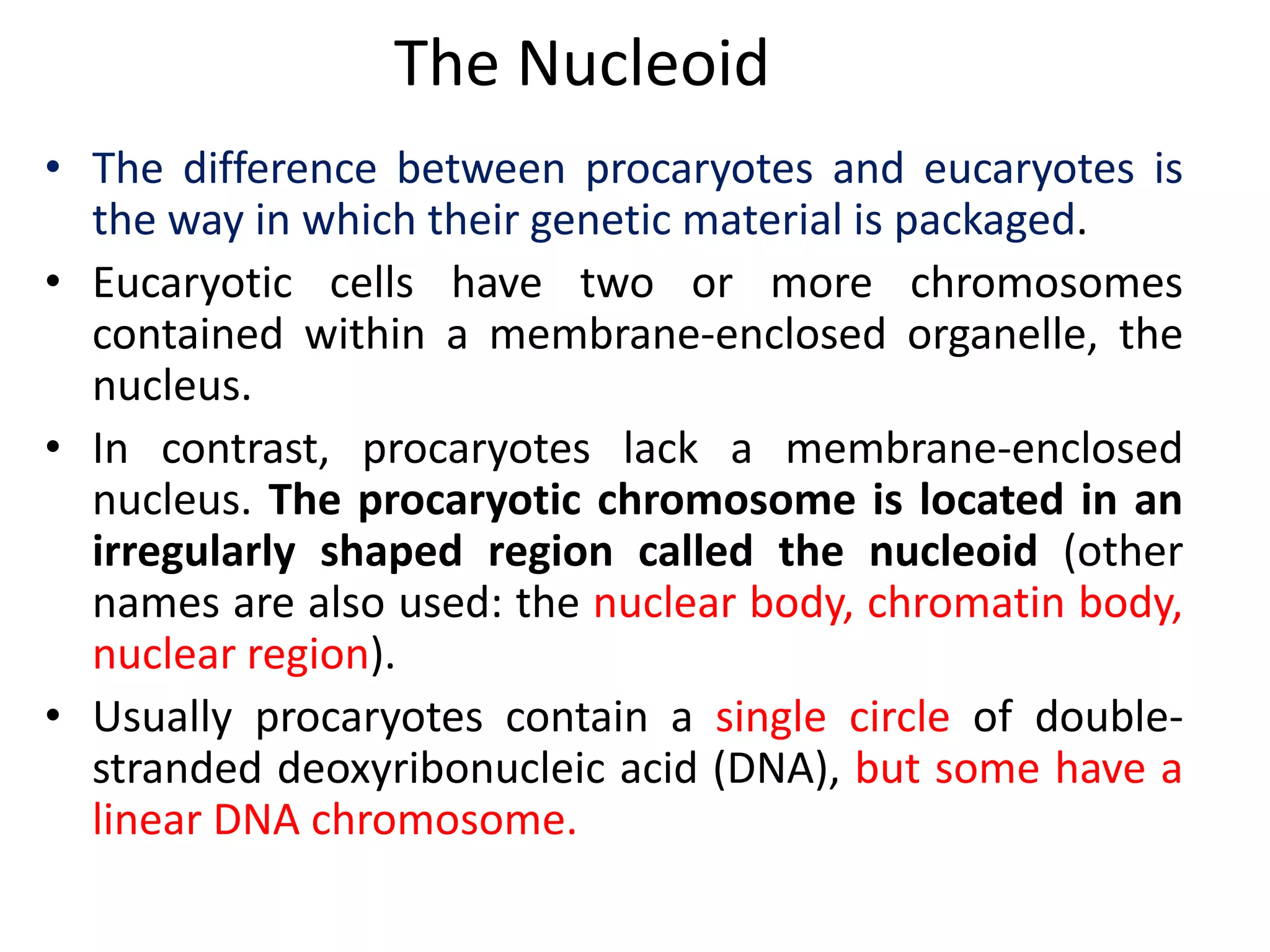 The Nucleoid
• The difference between procaryotes and eucaryotes is
the way in which their genetic material is packaged.
• Eucaryotic cells have two or more chromosomes
contained within a membrane-enclosed organelle, the
nucleus.
• In contrast, procaryotes lack a membrane-enclosed
nucleus. The procaryotic chromosome is located in an
irregularly shaped region called the nucleoid (other
names are also used: the nuclear body, chromatin body,
nuclear region).
• Usually procaryotes contain a single circle of double-
stranded deoxyribonucleic acid (DNA), but some have a
linear DNA chromosome.
 
