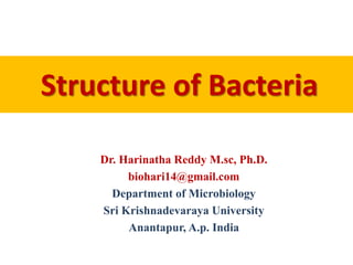 Structure of Bacteria
Dr. Harinatha Reddy M.sc, Ph.D.
biohari14@gmail.com
Department of Microbiology
Sri Krishnadevaraya University
Anantapur, A.p. India
 
