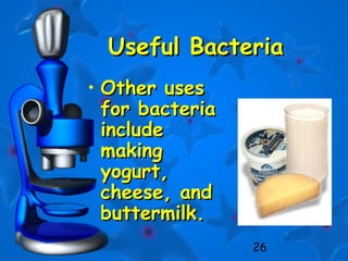 26
Useful BacteriaUseful Bacteria
• Other usesOther uses
for bacteriafor bacteria
includeinclude
makingmaking
yogurt,yogurt,
cheese, andcheese, and
buttermilk.buttermilk.
 