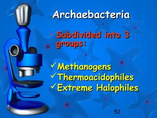 52
ArchaebacteriaArchaebacteria
• Subdivided into 3Subdivided into 3
groups:groups:
MethanogensMethanogens
ThermoacidophilesThermoacidophiles
Extreme HalophilesExtreme Halophiles
 