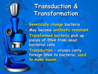 81
Transduction &Transduction &
TransformationTransformation
• Genetically changeGenetically change bacteriabacteria
• May becomeMay become antibiotic resistantantibiotic resistant
• Transformed bacteriaTransformed bacteria pick uppick up
pieces of DNA from deadpieces of DNA from dead
bacterial cellsbacterial cells
• TransductionTransduction – viruses carry– viruses carry
foreign DNA to bacteria;foreign DNA to bacteria; usedused
to make insulinto make insulin
 