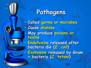 83
PathogensPathogens
• CalledCalled germs or microbesgerms or microbes
• CauseCause diseasedisease
• May produceMay produce poisons orpoisons or
toxinstoxins
• EndotoxinsEndotoxins released afterreleased after
bacteria die (bacteria die (E. coliE. coli))
• ExotoxinsExotoxins released by Gramreleased by Gram
+ bacteria (+ bacteria (C. tetaniC. tetani))
 