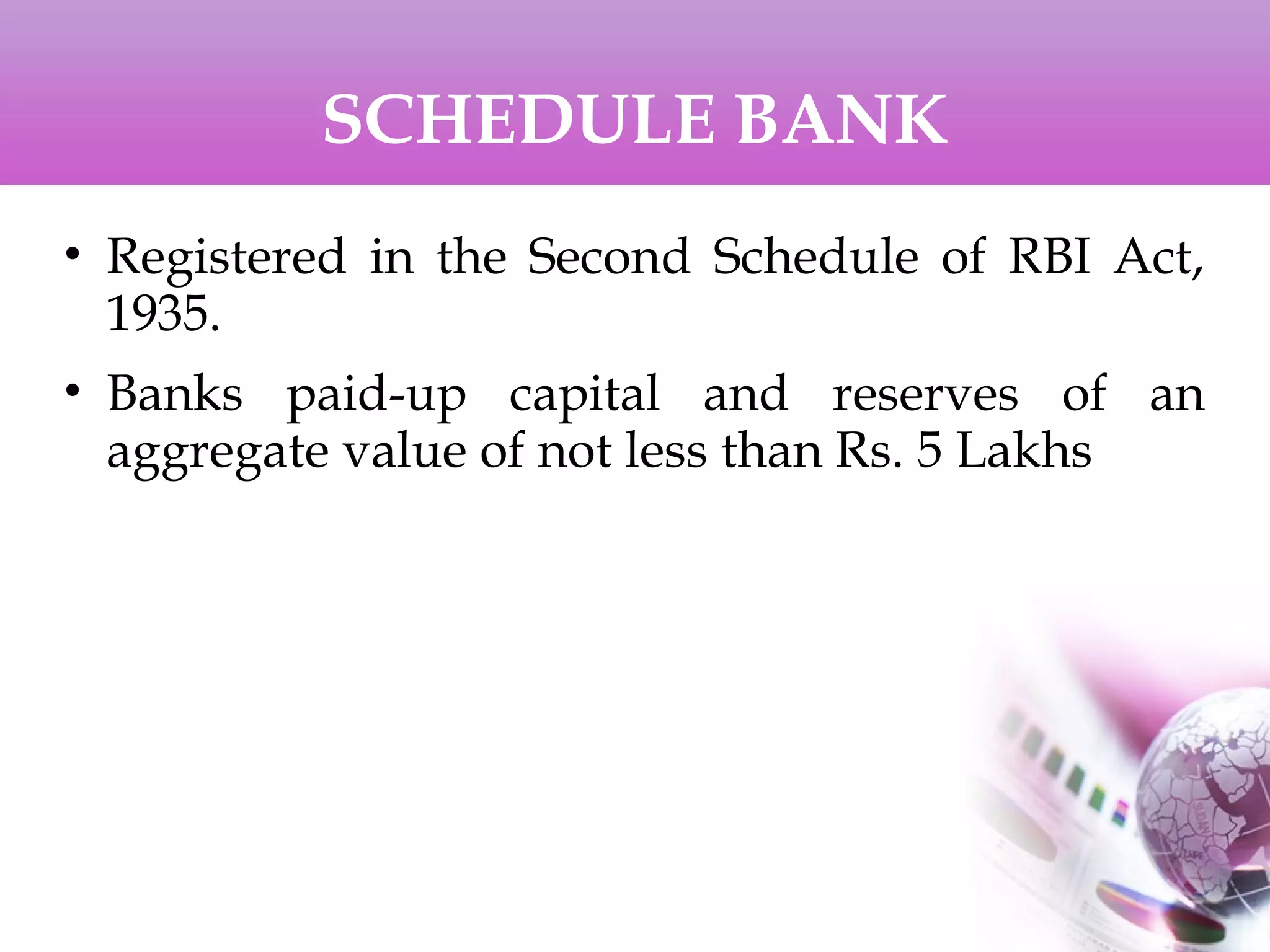 SCHEDULE BANK
• Registered in the Second Schedule of RBI Act,
1935.
• Banks paid-up capital and reserves of an
aggregate value of not less than Rs. 5 Lakhs
 