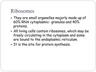 Ribosomes
 They are small organelles majorly made up of
60% RNA cytoplasmic- granules and 40%
proteins.
 All living cells contain ribosomes, which may be
freely circulating in the cytoplasm and some
are bound to the endoplasmic reticulum.
 It is the site for protein synthesis.
 