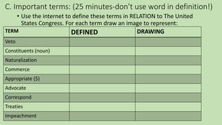 C. Important terms: (25 minutes-don’t use word in definition!)
• Use the internet to define these terms in RELATION to The...