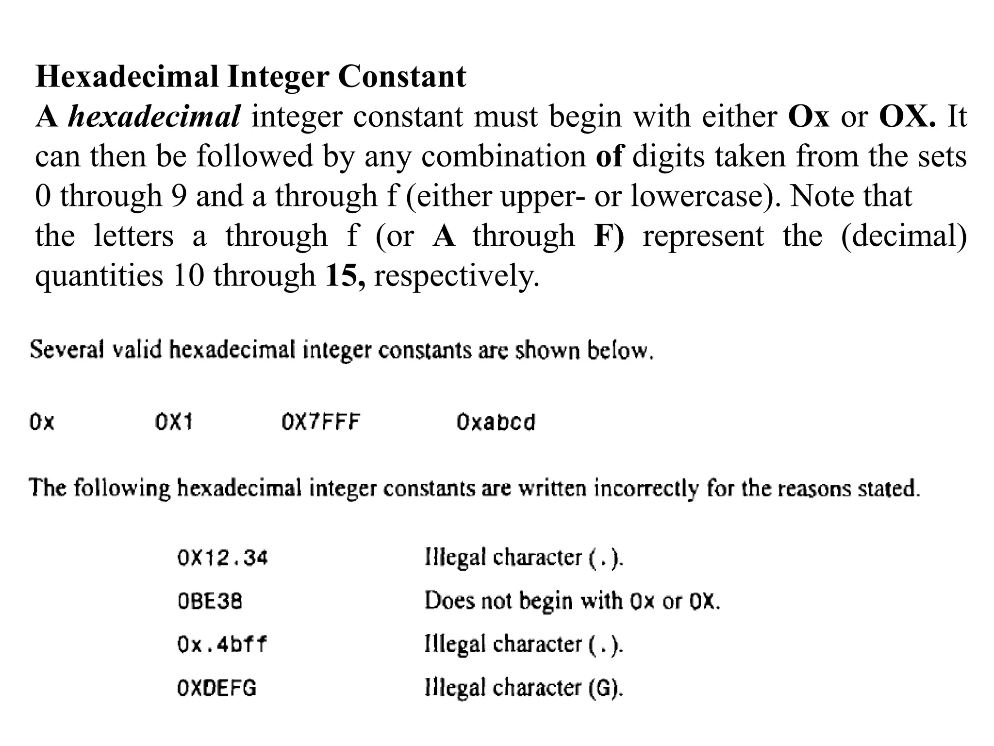 Hexadecimal Integer Constant
A hexadecimal integer constant must begin with either Ox or OX. It
can then be followed by any combination of digits taken from the sets
0 through 9 and a through f (either upper- or lowercase). Note that
the letters a through f (or A through F) represent the (decimal)
quantities 10 through 15, respectively.
 