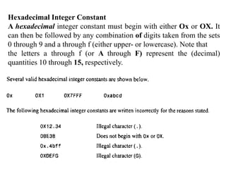 Hexadecimal Integer Constant
A hexadecimal integer constant must begin with either Ox or OX. It
can then be followed by any combination of digits taken from the sets
0 through 9 and a through f (either upper- or lowercase). Note that
the letters a through f (or A through F) represent the (decimal)
quantities 10 through 15, respectively.
 