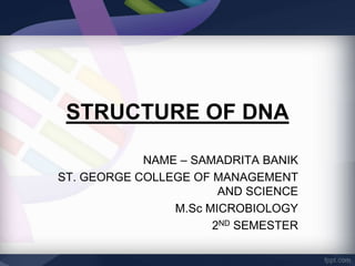 STRUCTURE OF DNA
NAME – SAMADRITA BANIK
ST. GEORGE COLLEGE OF MANAGEMENT
AND SCIENCE
M.Sc MICROBIOLOGY
2ND SEMESTER
 