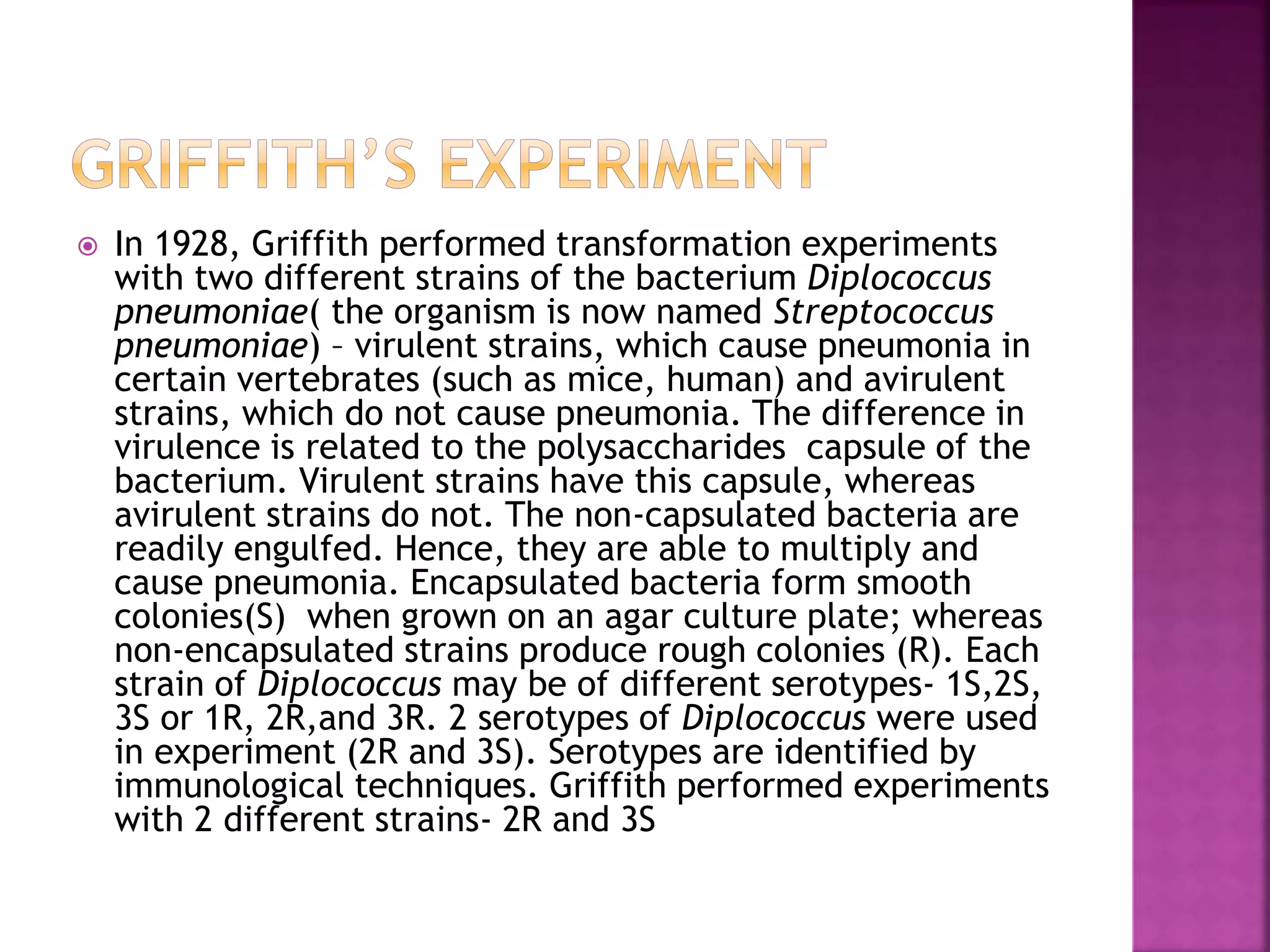  In 1928, Griffith performed transformation experiments
with two different strains of the bacterium Diplococcus
pneumoniae( the organism is now named Streptococcus
pneumoniae) – virulent strains, which cause pneumonia in
certain vertebrates (such as mice, human) and avirulent
strains, which do not cause pneumonia. The difference in
virulence is related to the polysaccharides capsule of the
bacterium. Virulent strains have this capsule, whereas
avirulent strains do not. The non-capsulated bacteria are
readily engulfed. Hence, they are able to multiply and
cause pneumonia. Encapsulated bacteria form smooth
colonies(S) when grown on an agar culture plate; whereas
non-encapsulated strains produce rough colonies (R). Each
strain of Diplococcus may be of different serotypes- 1S,2S,
3S or 1R, 2R,and 3R. 2 serotypes of Diplococcus were used
in experiment (2R and 3S). Serotypes are identified by
immunological techniques. Griffith performed experiments
with 2 different strains- 2R and 3S
 