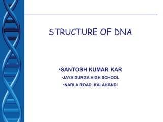 STRUCTURE OF DNA
•SANTOSH KUMAR KAR
•JAYA DURGA HIGH SCHOOL
•NARLA ROAD, KALAHANDI
 
