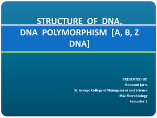 PRESENTED BY:
Mousami Jaria
St. George College of Management and Science
MSc Microbiology
Semester 2
STRUCTURE OF DNA,
DNA POLYMORPHISM [A, B, Z
DNA]
 