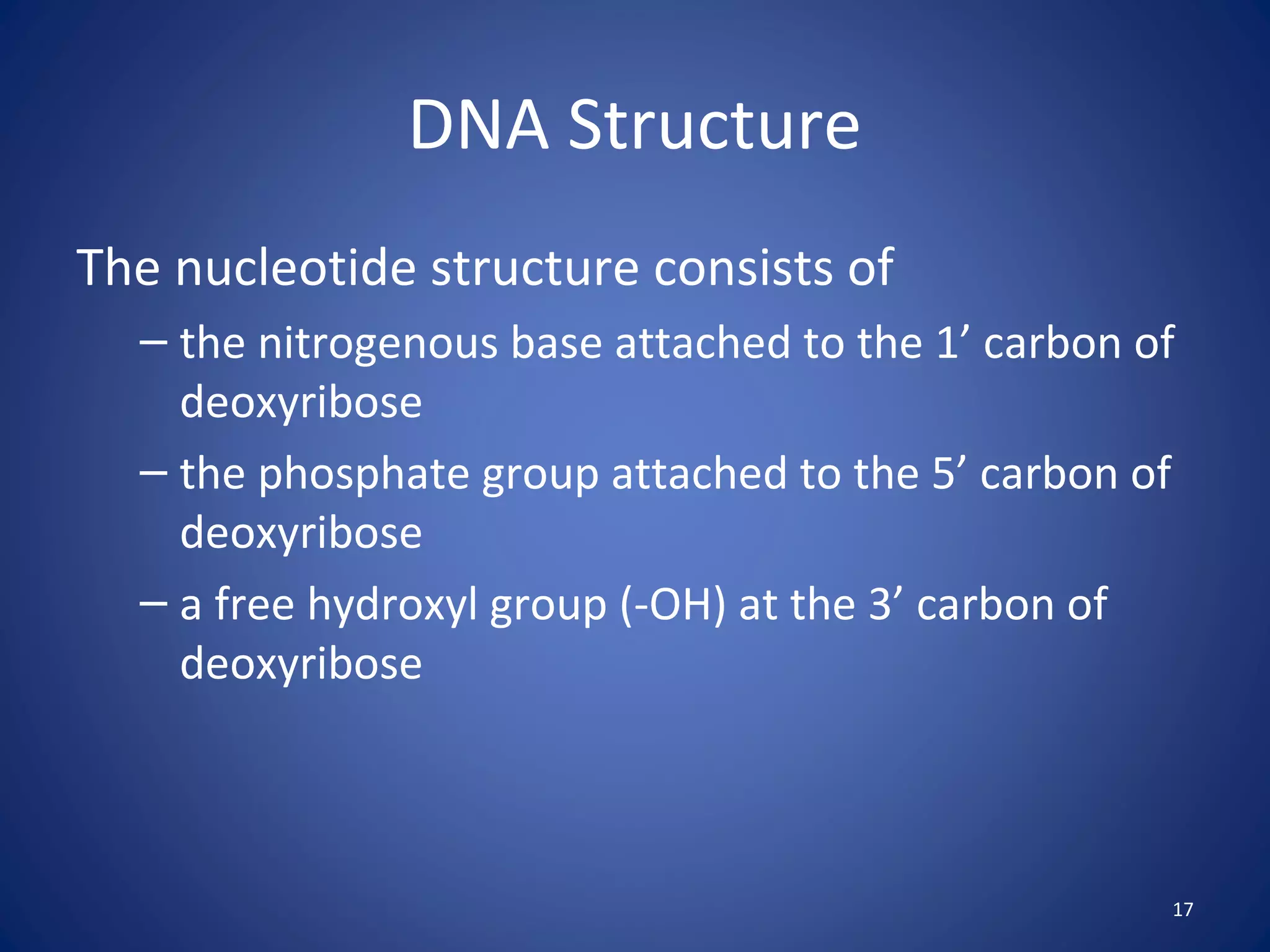 17
DNA Structure
The nucleotide structure consists of
– the nitrogenous base attached to the 1’ carbon of
deoxyribose
– the phosphate group attached to the 5’ carbon of
deoxyribose
– a free hydroxyl group (-OH) at the 3’ carbon of
deoxyribose
 