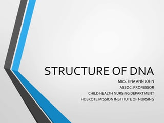 STRUCTURE OF DNA
MRS.TINAANN JOHN
ASSOC. PROFESSOR
CHILD HEALTH NURSING DEPARTMENT
HOSKOTE MISSION INSTITUTEOF NURSING
 