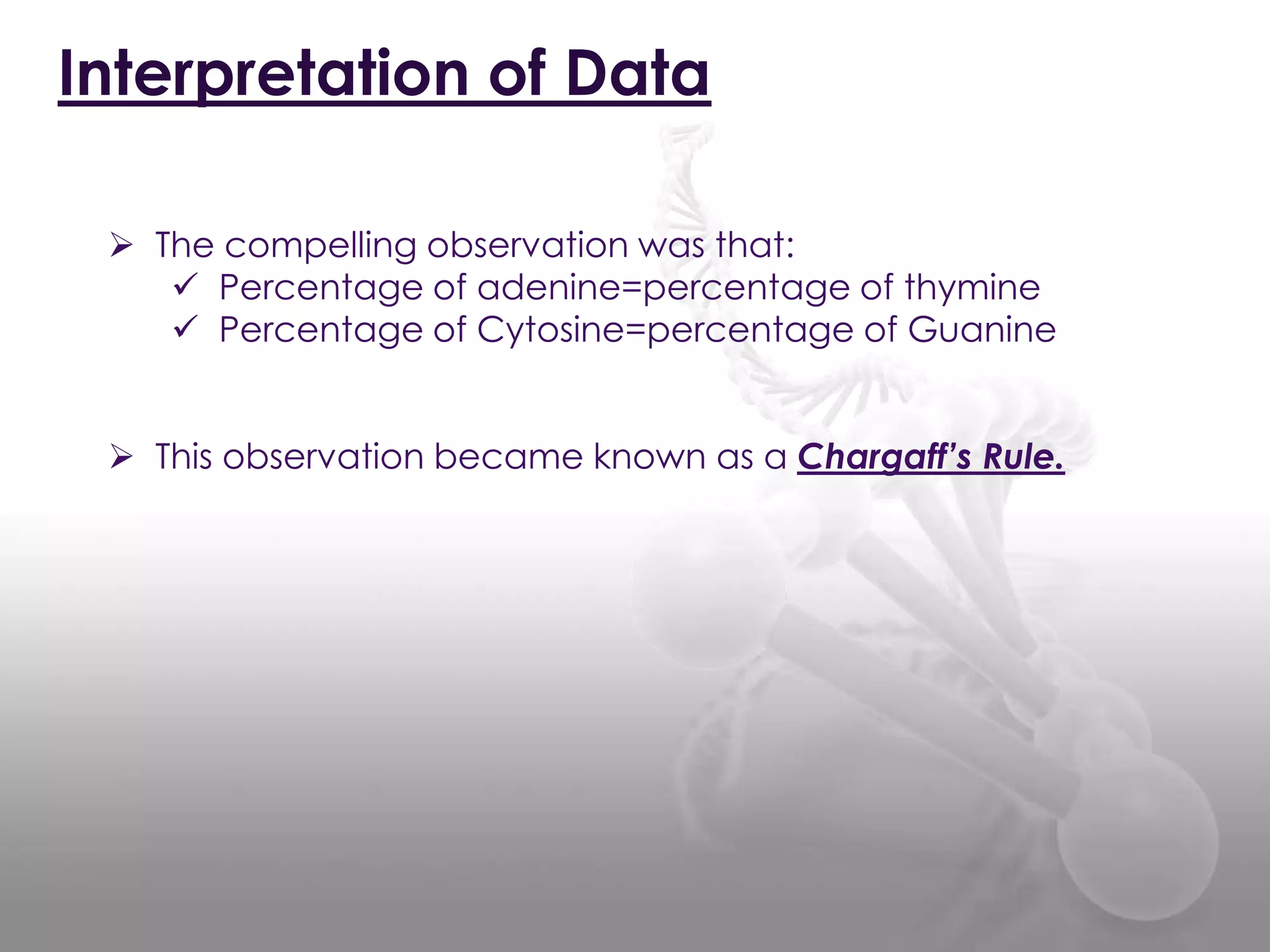 Interpretation of Data
 The compelling observation was that:
 Percentage of adenine=percentage of thymine
 Percentage of Cytosine=percentage of Guanine
 This observation became known as a Chargaff’s Rule.

 