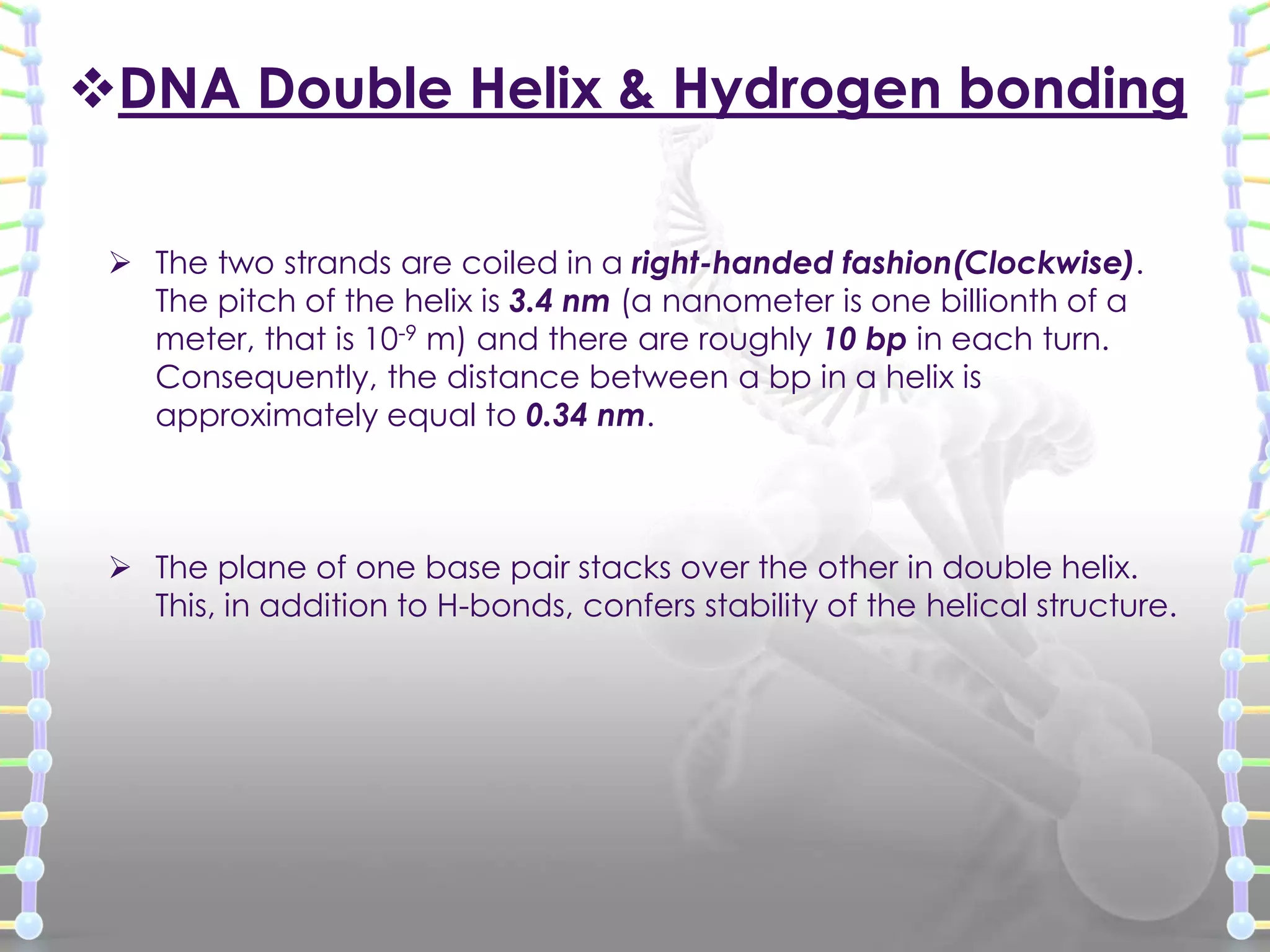 DNA Double Helix & Hydrogen bonding
 The two strands are coiled in a right-handed fashion(Clockwise).
The pitch of the helix is 3.4 nm (a nanometer is one billionth of a
meter, that is 10-9 m) and there are roughly 10 bp in each turn.
Consequently, the distance between a bp in a helix is
approximately equal to 0.34 nm.

 The plane of one base pair stacks over the other in double helix.
This, in addition to H-bonds, confers stability of the helical structure.

 