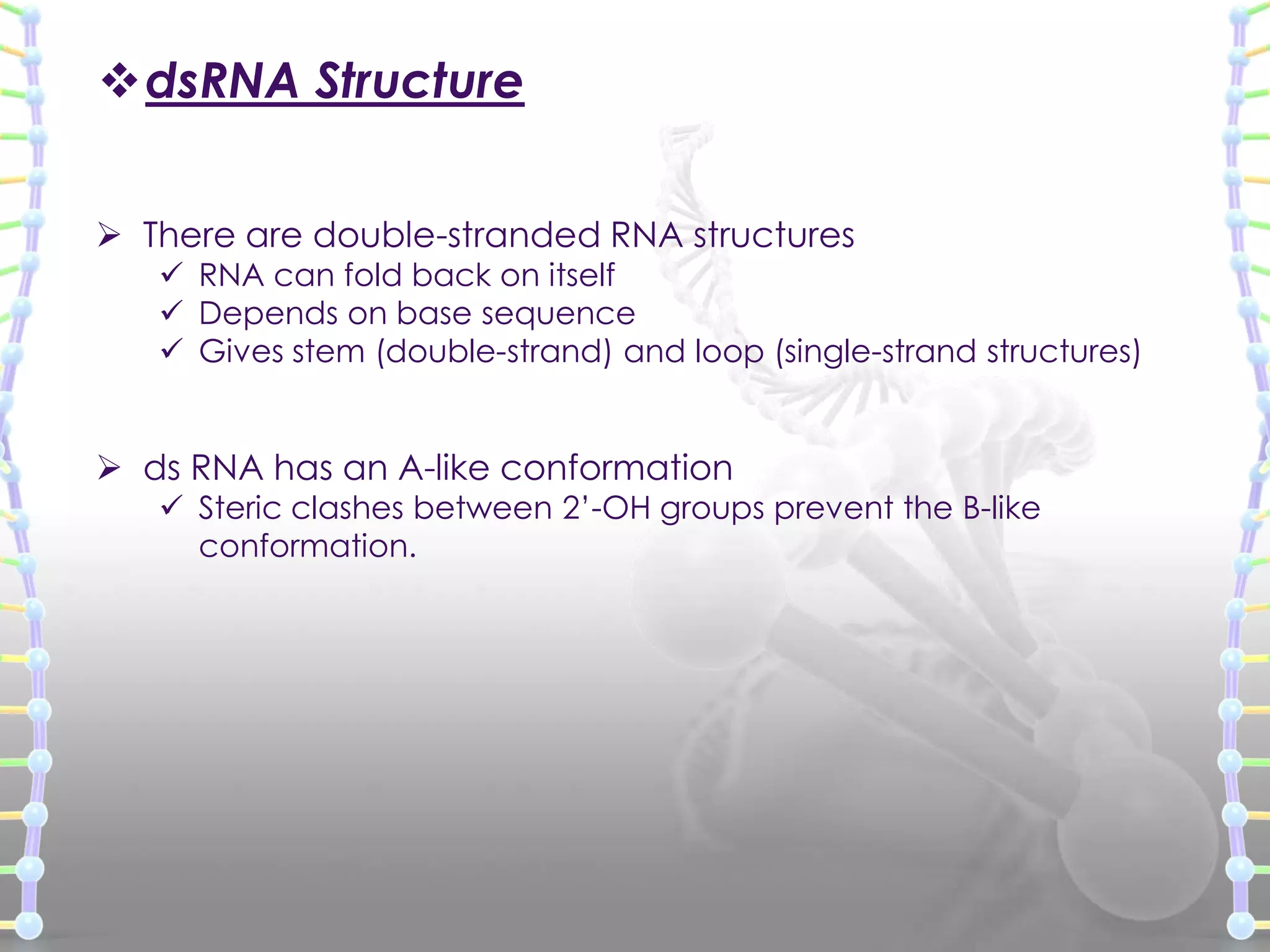 dsRNA Structure
 There are double-stranded RNA structures

 RNA can fold back on itself
 Depends on base sequence
 Gives stem (double-strand) and loop (single-strand structures)

 ds RNA has an A-like conformation

 Steric clashes between 2’-OH groups prevent the B-like
conformation.

 