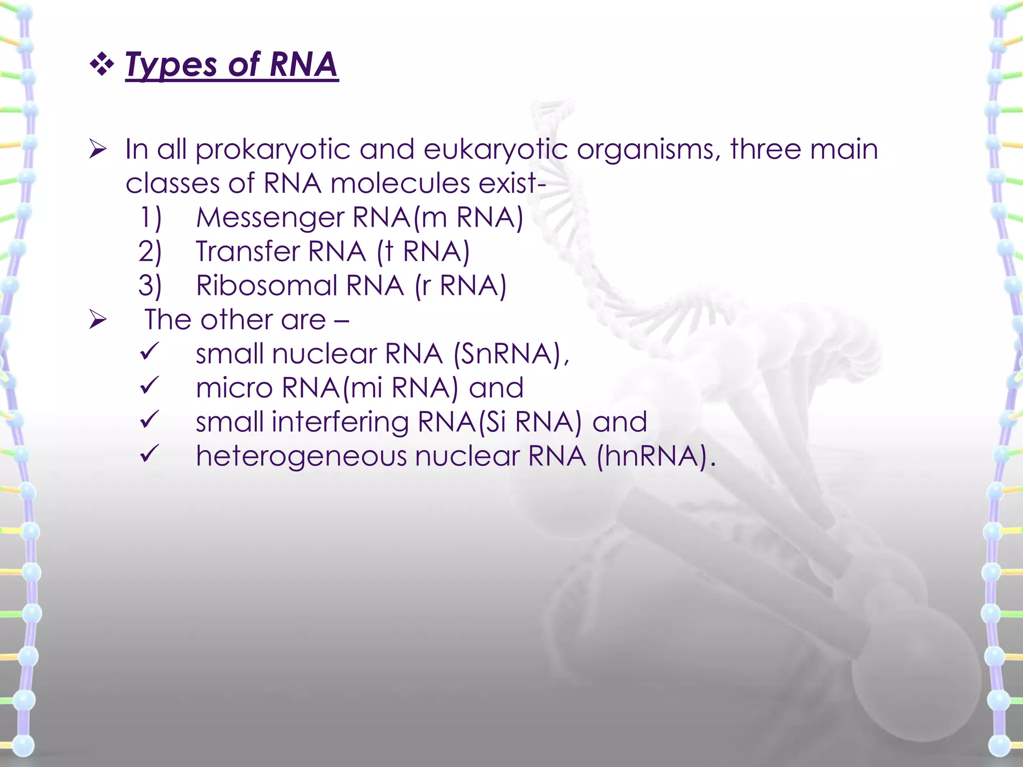  Types of RNA
 In all prokaryotic and eukaryotic organisms, three main
classes of RNA molecules exist1) Messenger RNA(m RNA)
2) Transfer RNA (t RNA)
3) Ribosomal RNA (r RNA)
 The other are –
 small nuclear RNA (SnRNA),
 micro RNA(mi RNA) and
 small interfering RNA(Si RNA) and
 heterogeneous nuclear RNA (hnRNA).

 