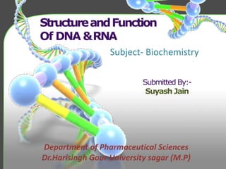 StructureandFunction
Of DNA &RNA
Submitted By:-
Suyash Jain
Department of Pharmaceutical Sciences
Dr.Harisingh Gour University sagar (M.P)
Subject- Biochemistry
 